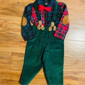 Mud Pie boys plaid pants set, suspenders, elbow patches, & bowtie. NEW w/tags.